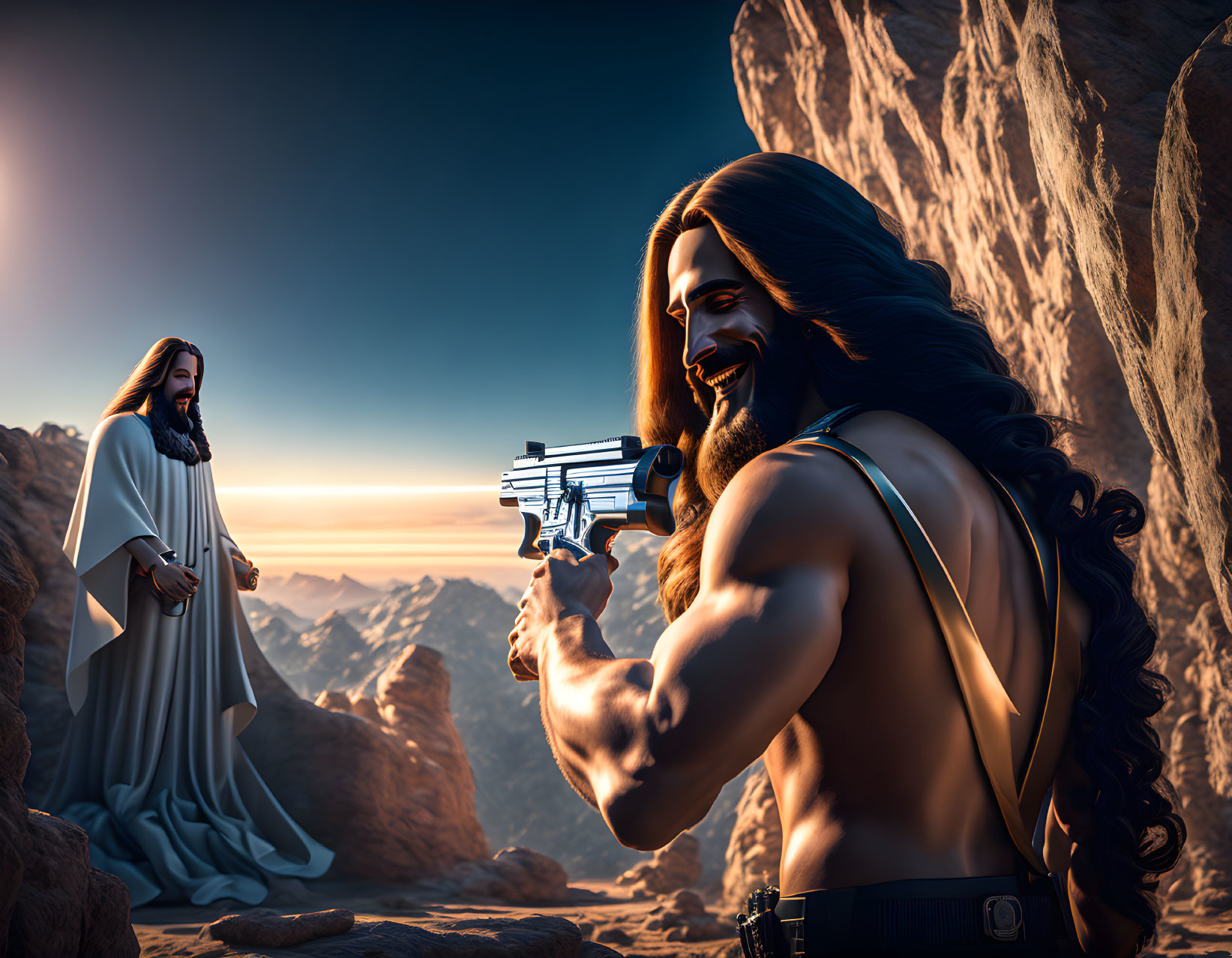 Muscular character with futuristic gun confronts robed figure in desert landscape