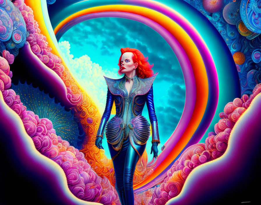 Colorful digital artwork of woman with red hair in futuristic outfit against swirling background.