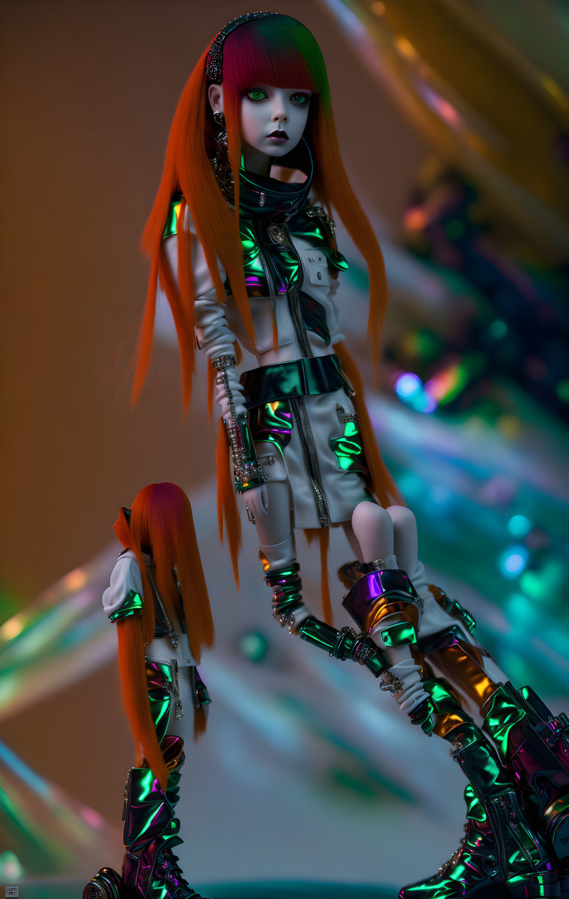Futuristic 3D-rendered female character with red hair and cybernetic enhancements