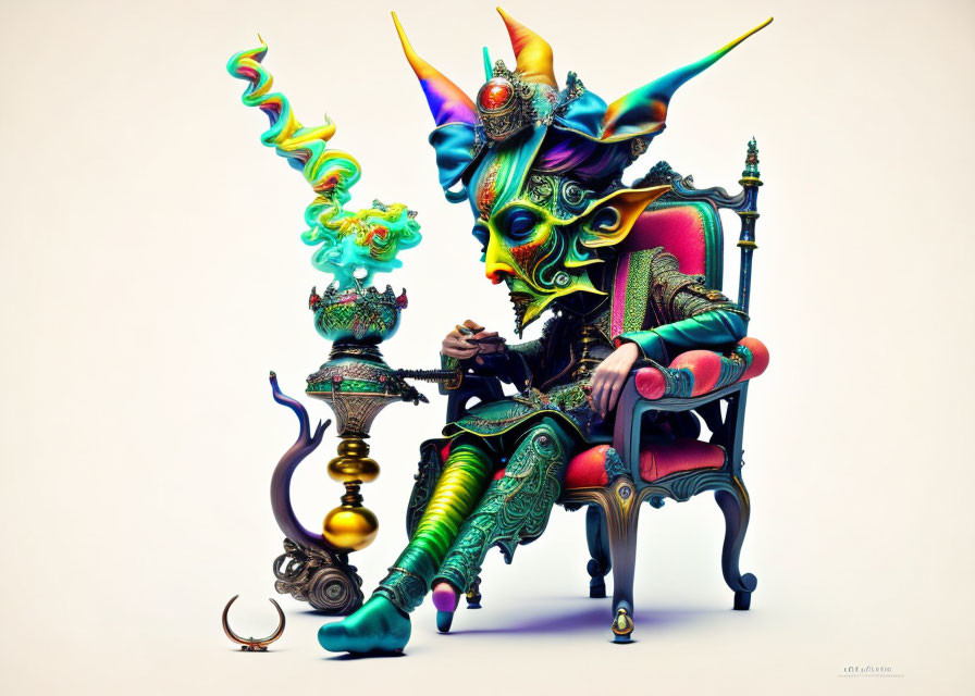 Whimsical jester character with hat and scepter beside ornate hookah