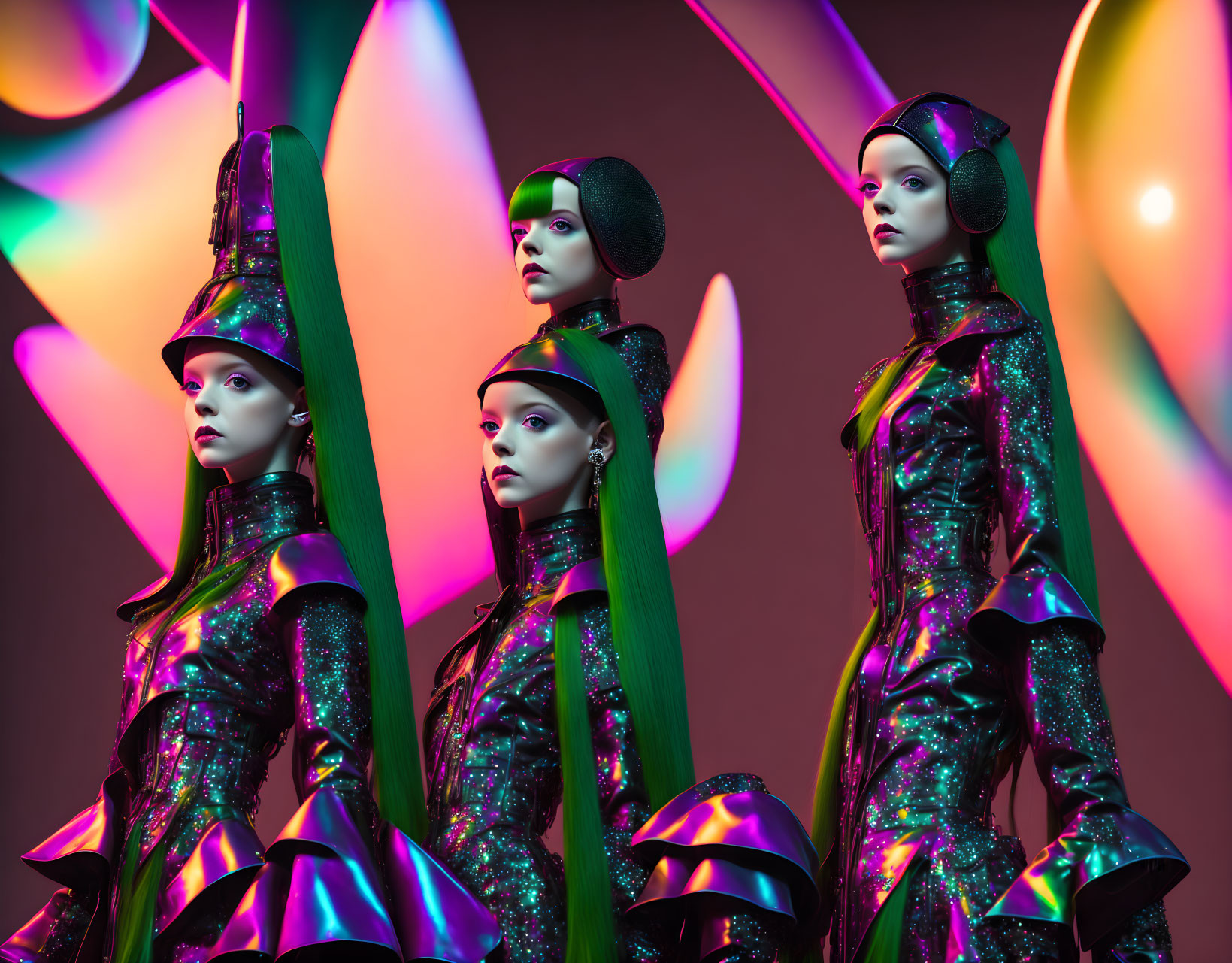 Four futuristic mannequins in green outfits with elongated headgear on colorful abstract background