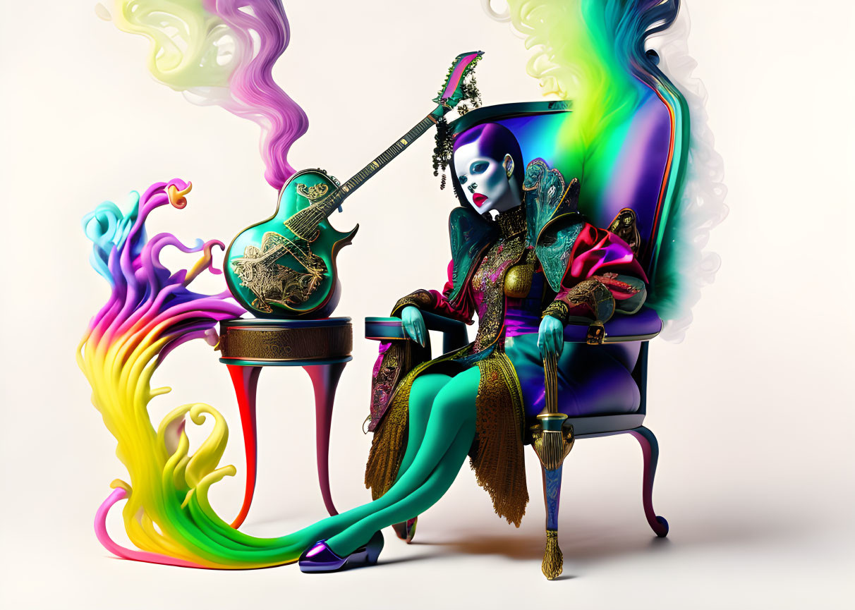 Vibrant digital artwork: skeletal figure with guitar and colorful smoke swirls