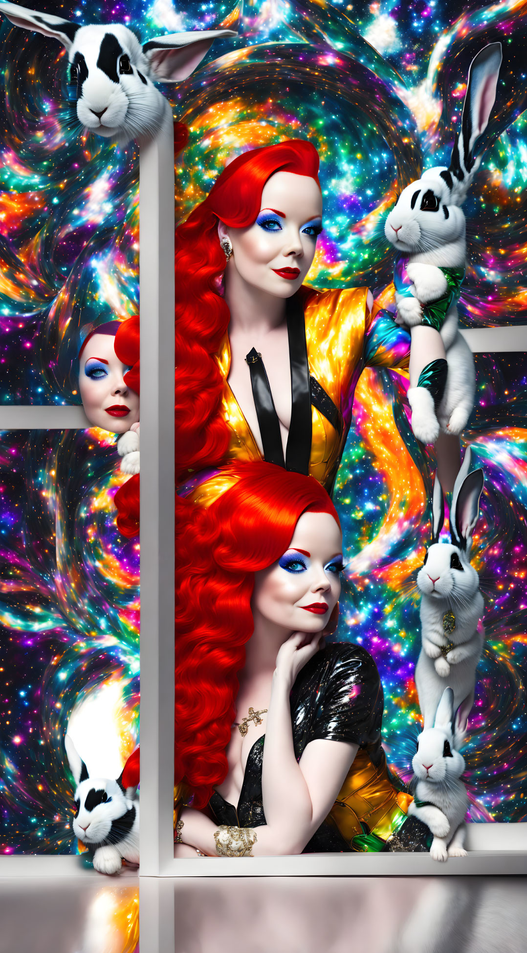 Colorful woman with red hair in galaxy setting with playful rabbits