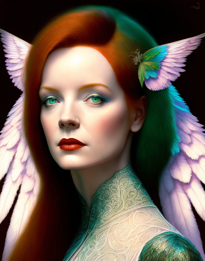 Digital Artwork: Woman with Red Hair, Teal Eyes, Wings, and Butterfly on Black Background