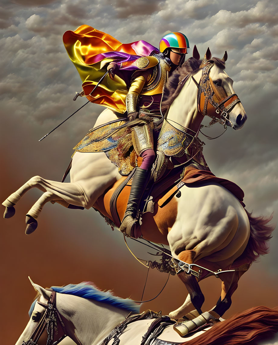 Modern Knight in Vibrant Armor on Rearing Horse under Cloudy Sky