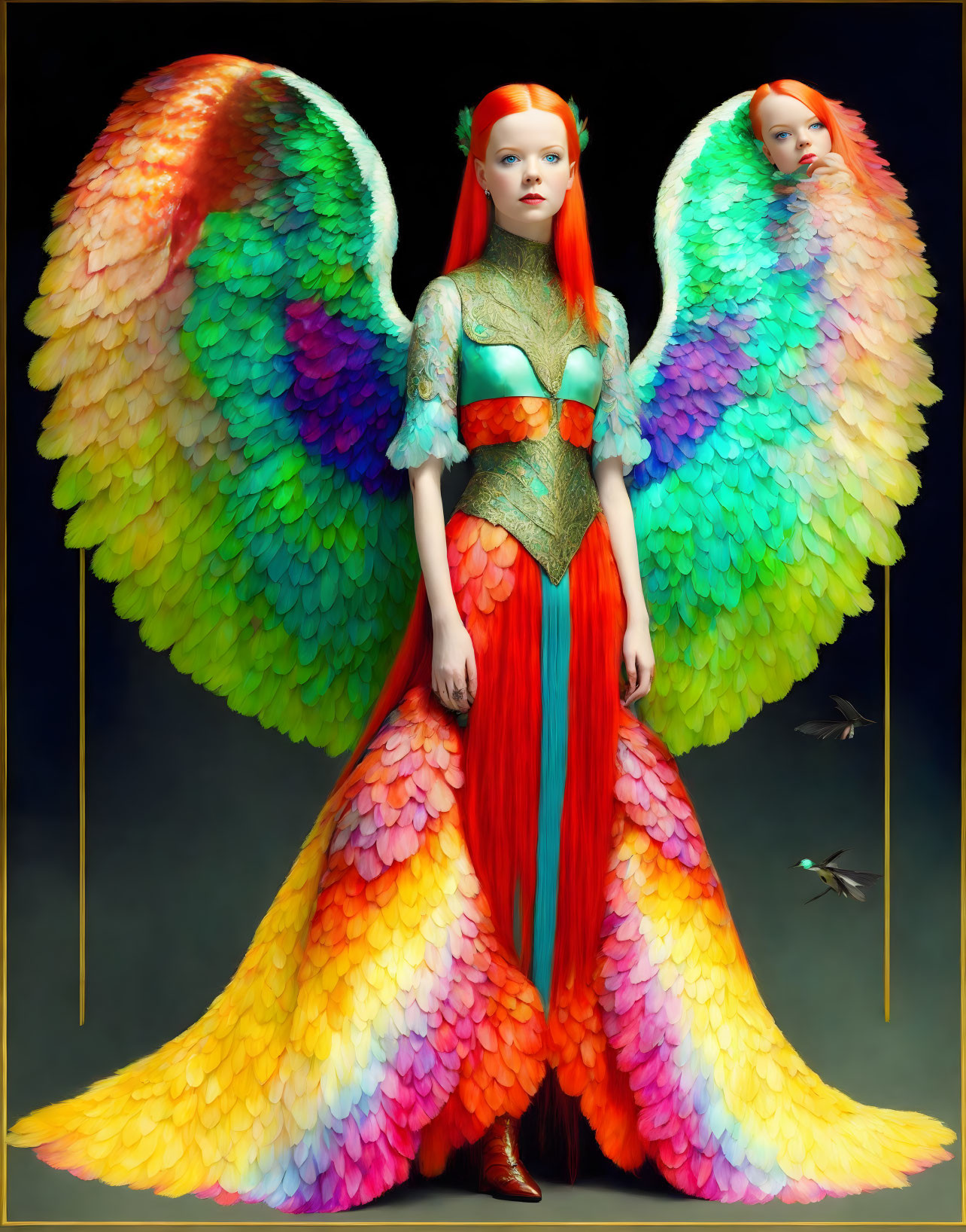 Fantastical image of two women as mythical creatures with colorful wings and costumes