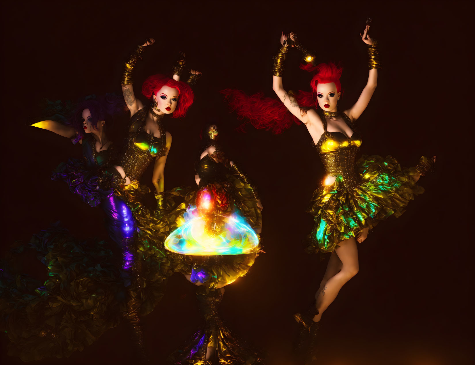 Vibrant dancers with red hair and gold costumes in dramatic makeup