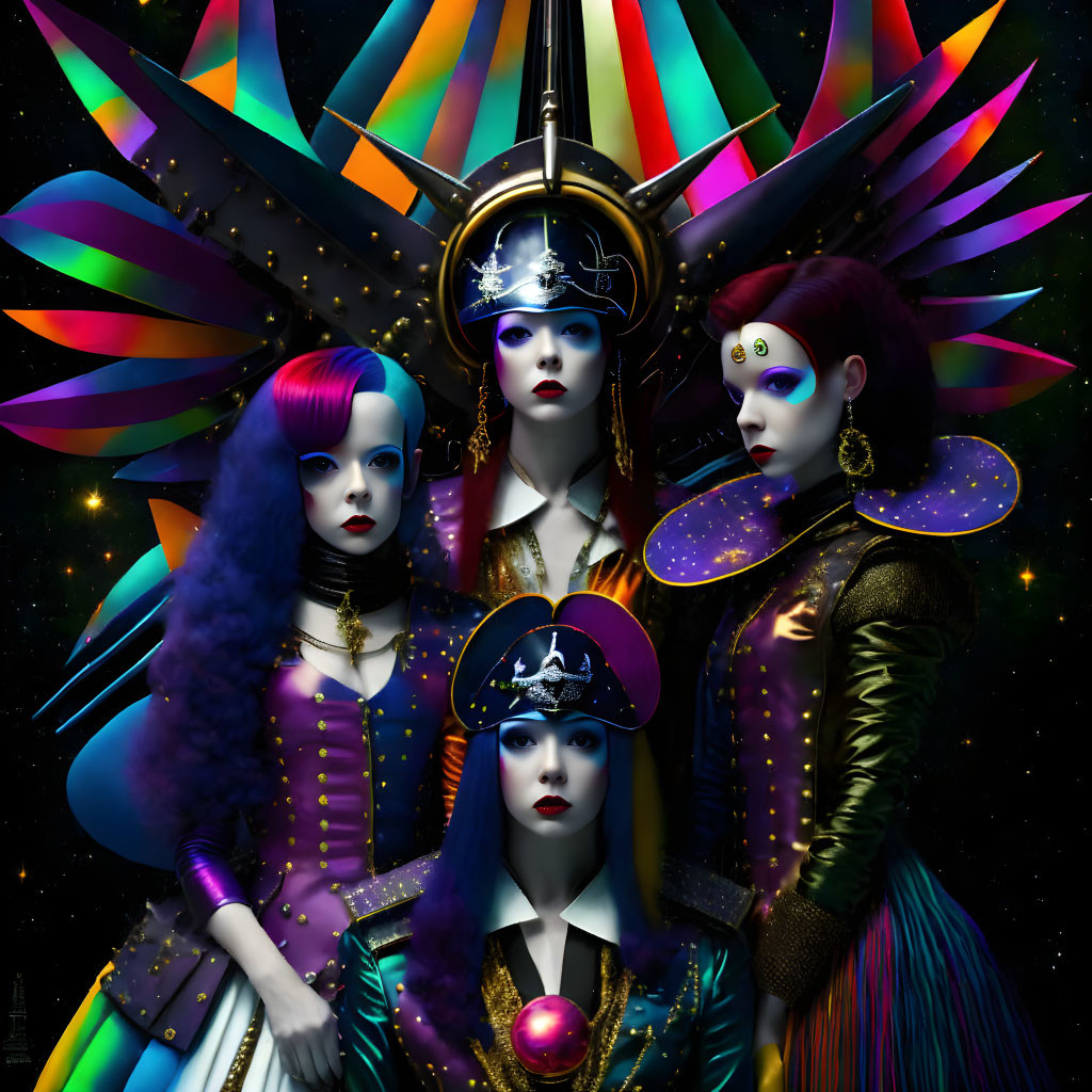 Three women in futuristic space-themed costumes against starry backdrop