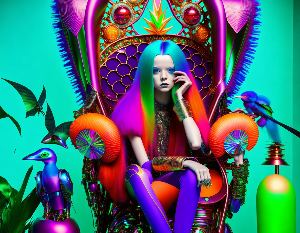 Colorful surreal image of woman with blue hair on throne with psychedelic patterns, metallic birds, and mushrooms