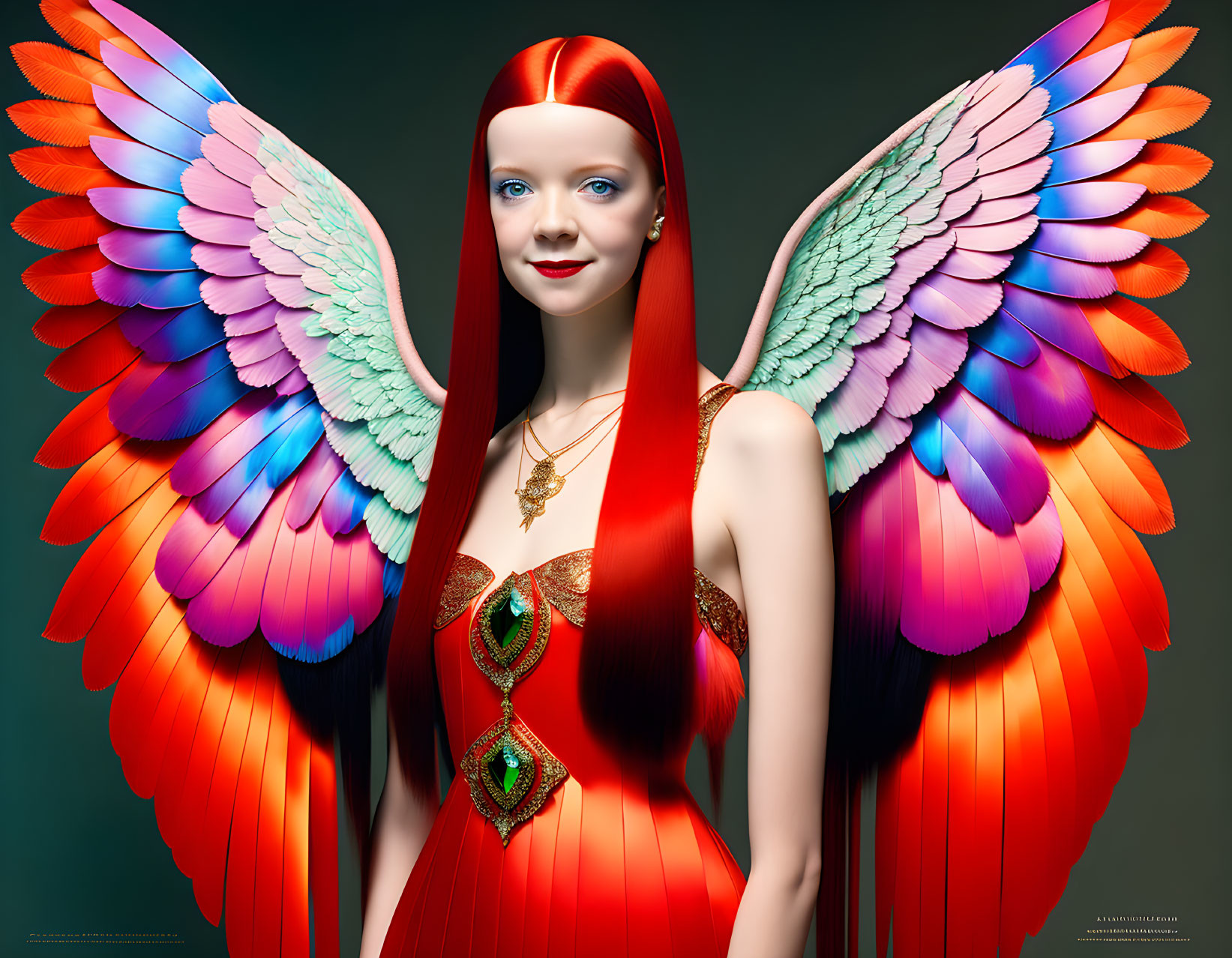 Colorful winged person with red hair and outfit on teal background