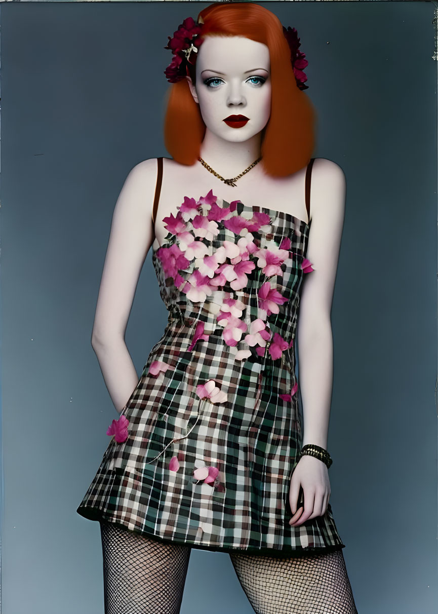 Red-haired woman in plaid dress with flowers and fishnet stockings on grey background