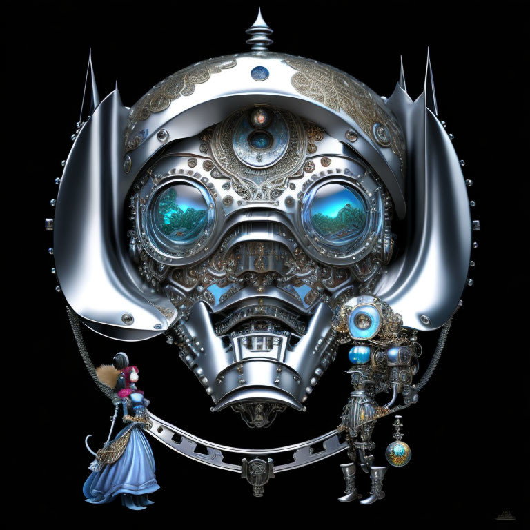 Stylized mechanical face art with woman in blue dress