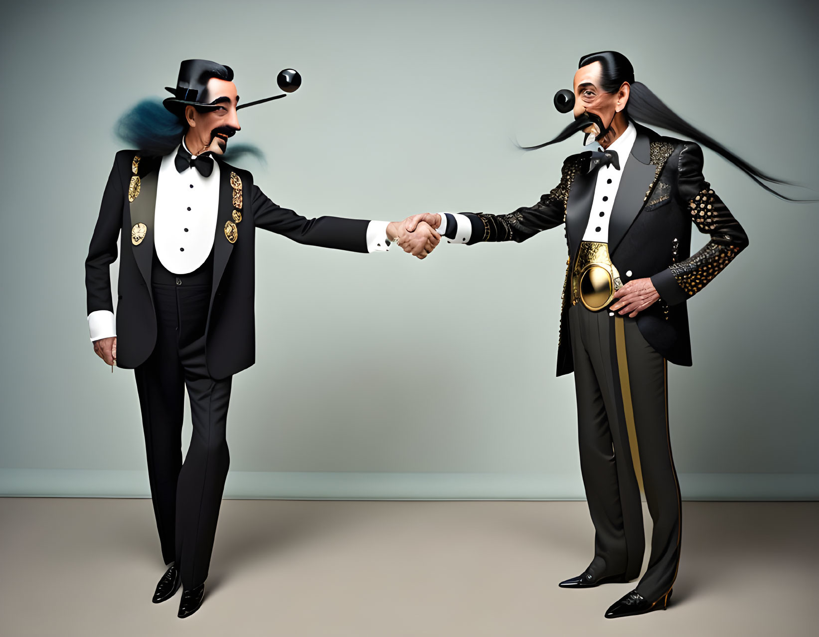 Exaggerated men in formal attire shaking hands
