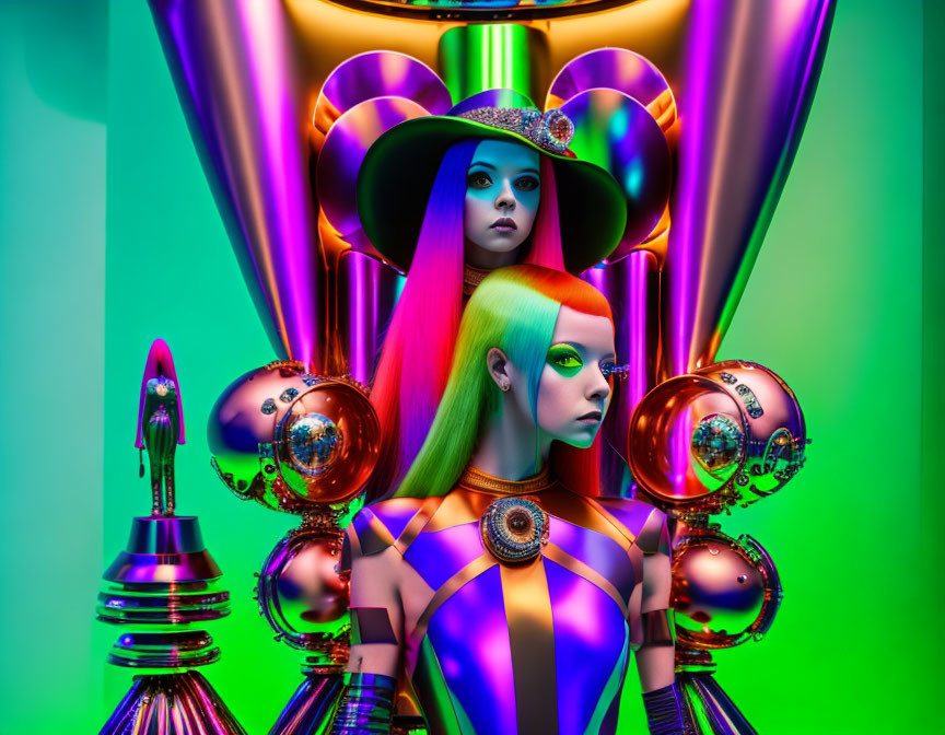 Futuristic women with multicolored hair in geometric-patterned clothing on vivid metallic backdrop