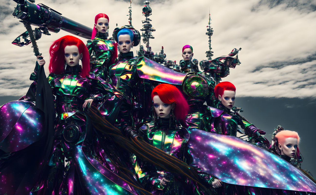 Futuristic female androids with iridescent armor and colored hair in a sci-fi setting