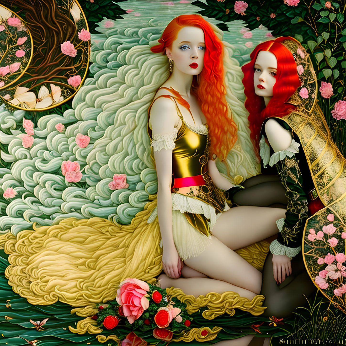 Stylized women with red hair in fantastical floral setting