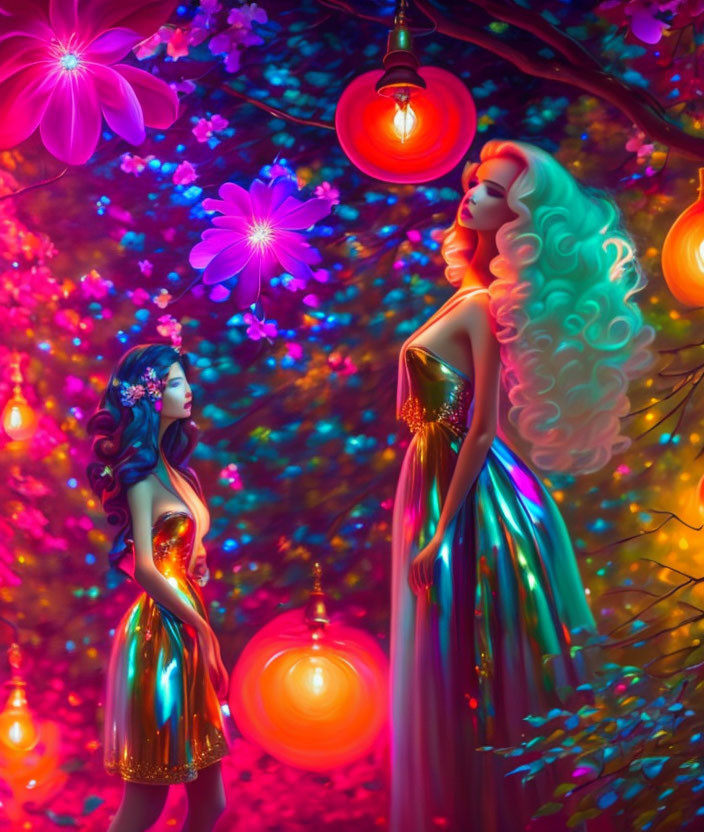 Ethereal women in vibrant, colorful forest with glowing flowers