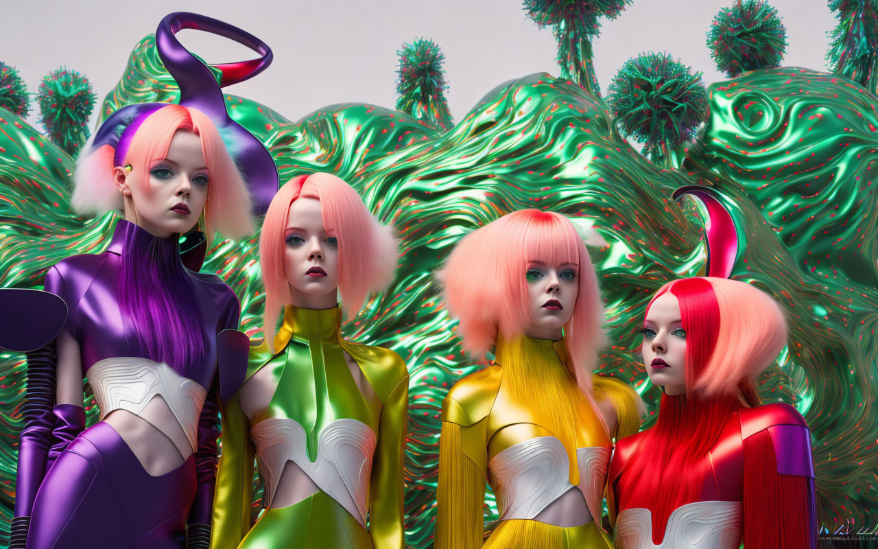 Four colorful futuristic female figures in bodysuits on surreal green landscape