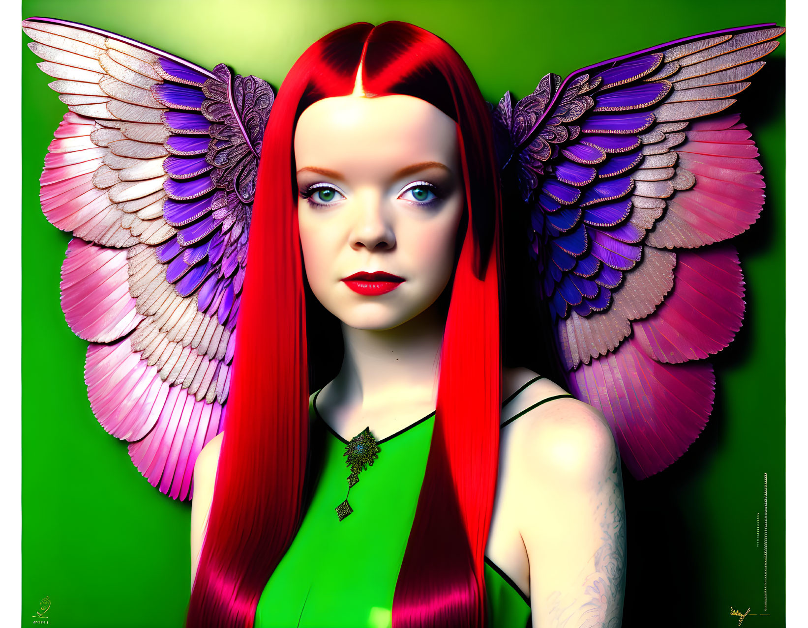 Vibrant digital art: girl with red hair, butterfly wings in purple and pink, green background