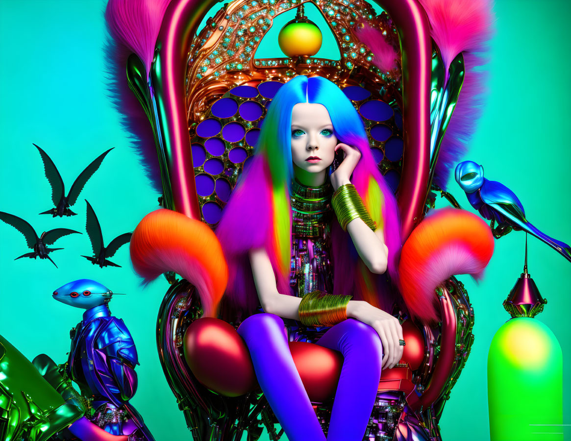 Colorful surreal portrait: person with blue hair on ornate throne