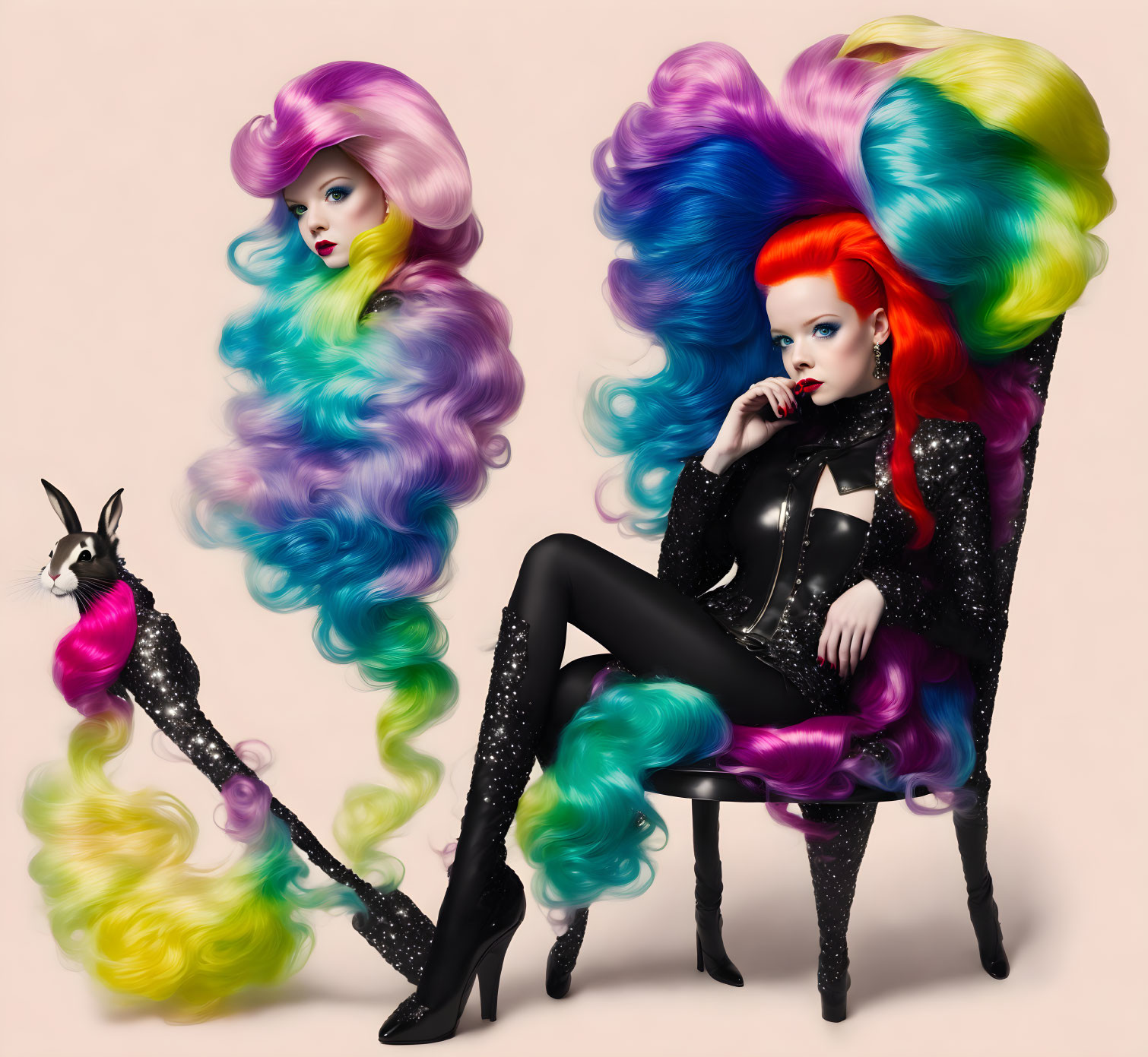 Stylized women with colorful hair and llama in sparkling outfits