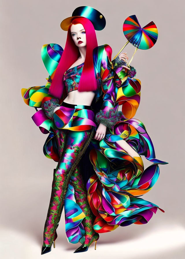 Colorful avant-garde outfit with voluminous sleeves and swirling patterns.