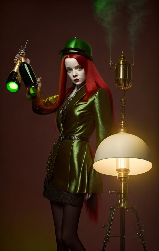 Red-haired woman in green hat with steaming potion next to classic lamp