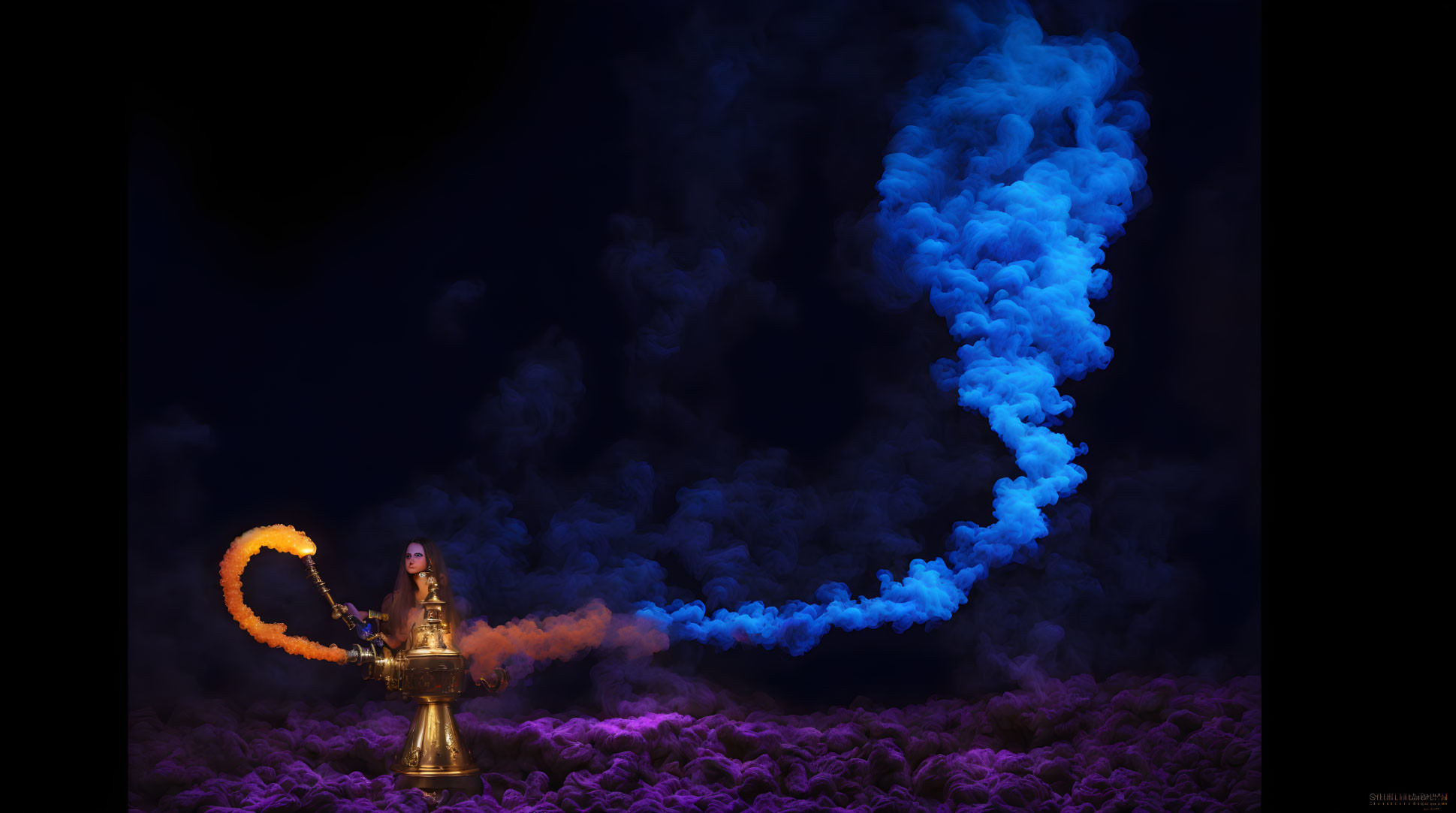 Genie emerging from golden lamp in mystical smoke