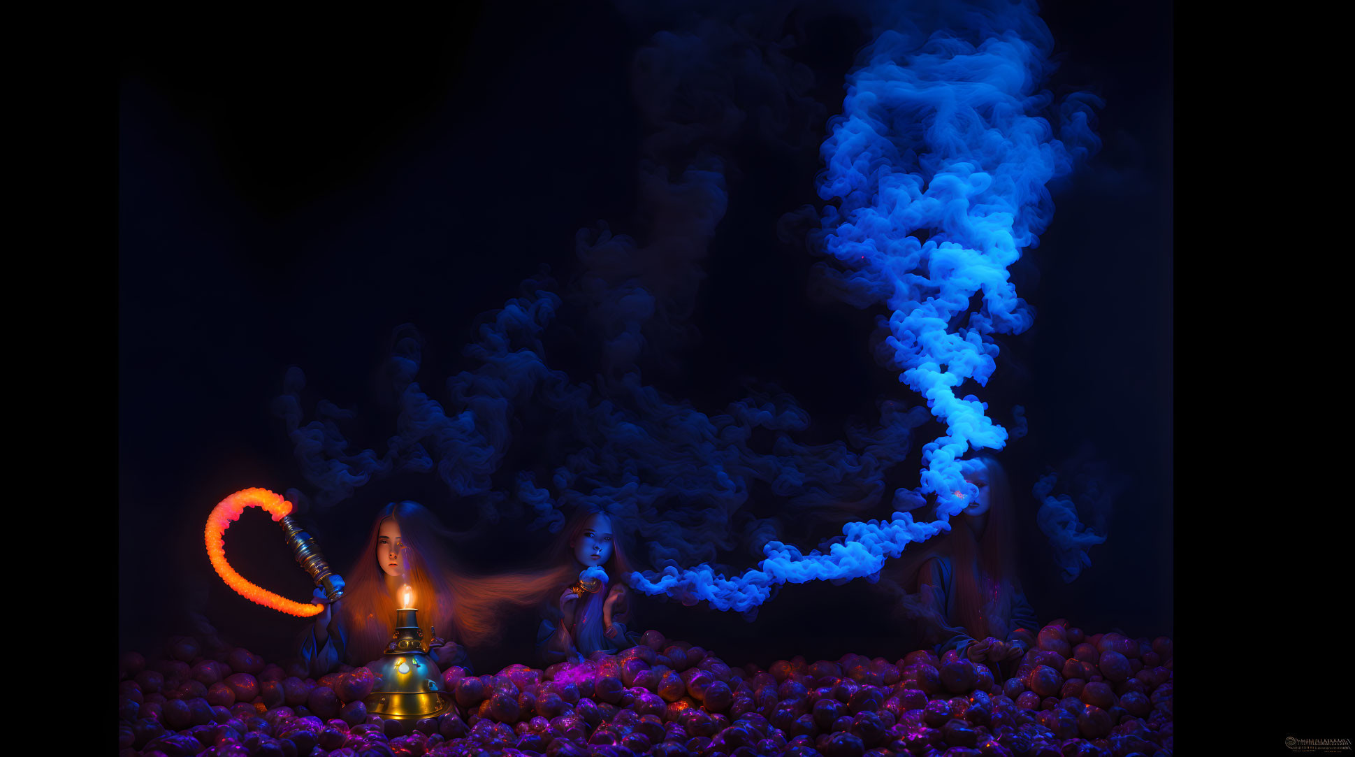 Two individuals with glowing items in red sphere-filled setting.