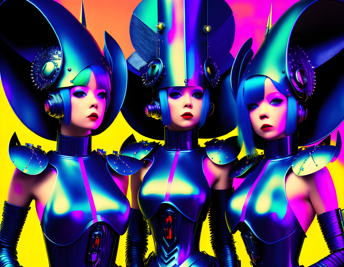 Futuristic female figures in blue and silver armor on vibrant background
