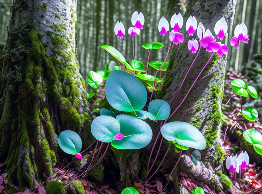 Neon-colored plant life with glowing flowers and blue leaves in forest setting