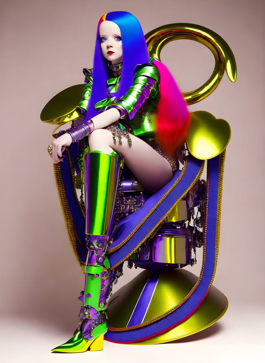 Futuristic woman with blue hair on golden throne in green and purple attire
