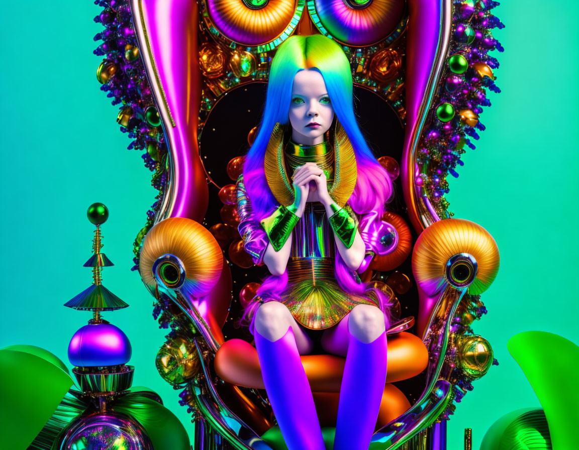 Vibrant surreal portrait: person with blue hair on ornate throne