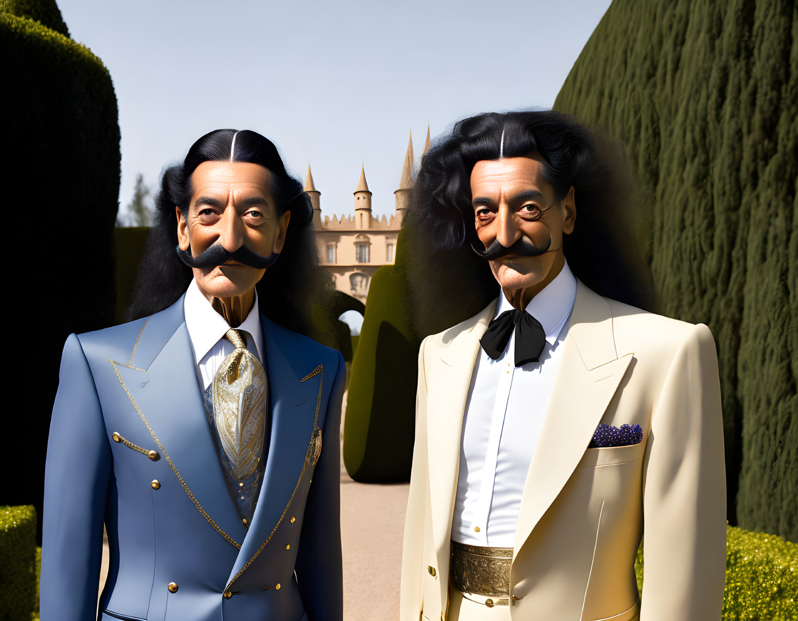 Stylized character figures in suits at manor with hedges