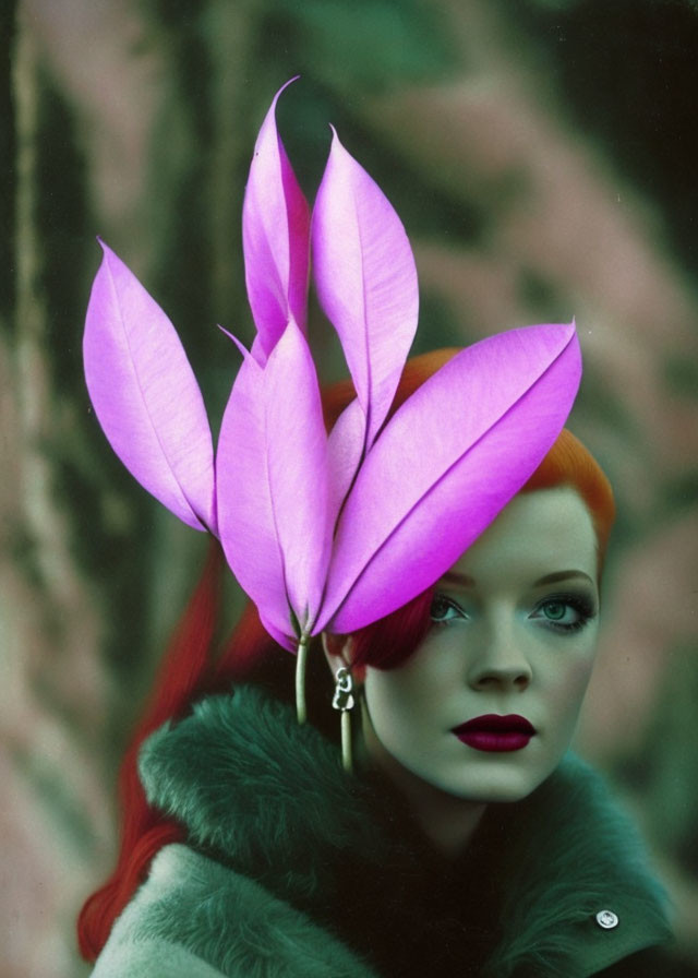 Red-haired woman in green coat with blue eyes and purple headpiece