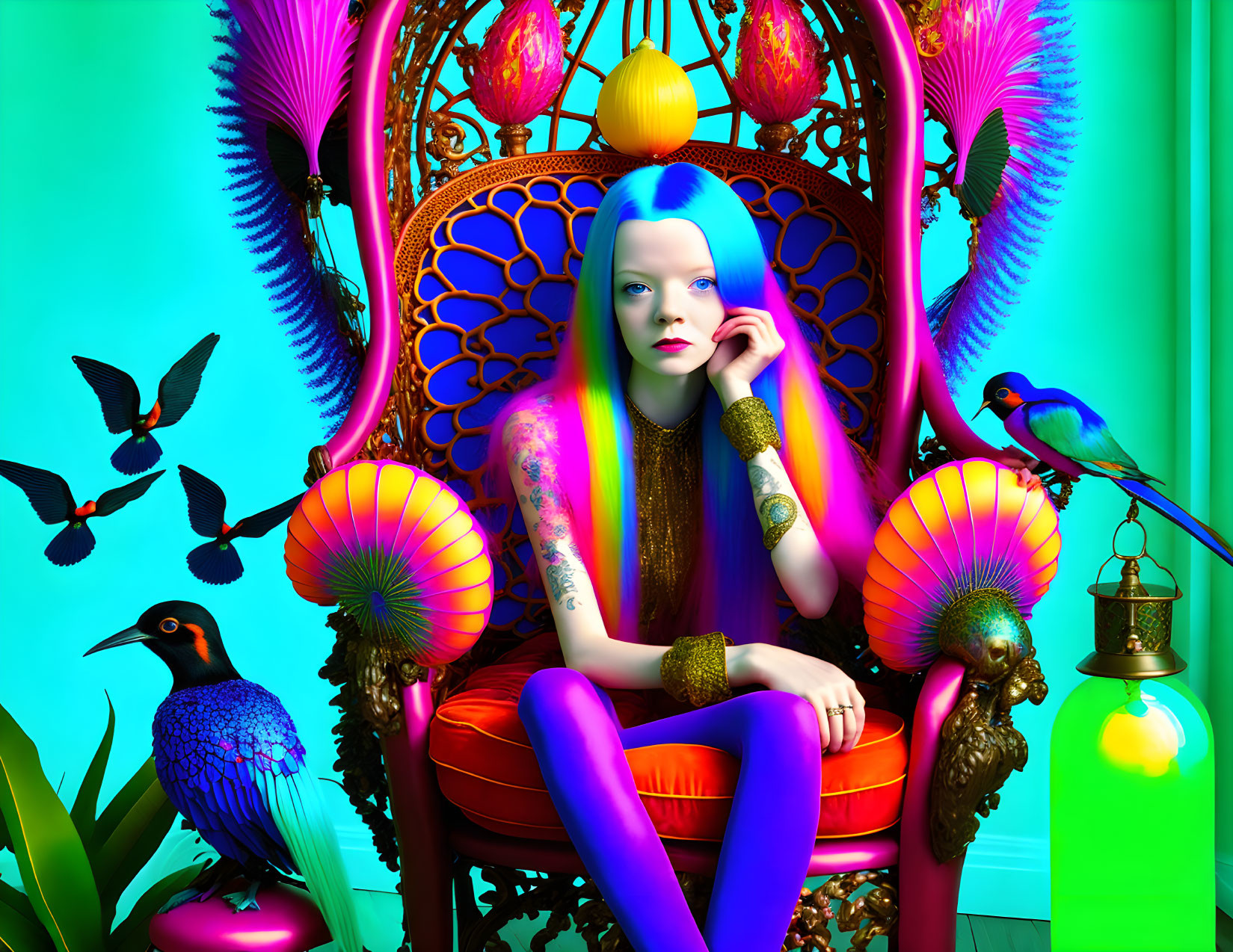 Vibrant image: Person with blue hair on ornate chair with exotic birds.