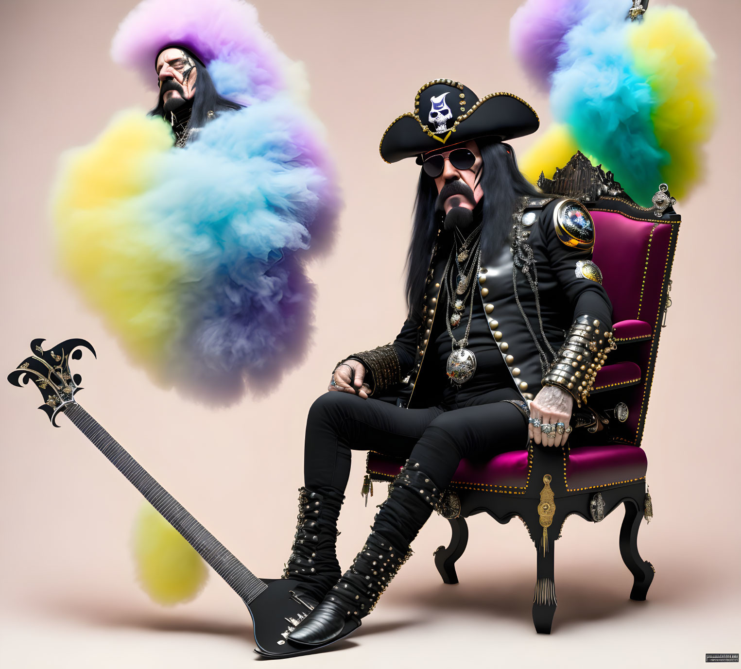 Stylized pirate figure on ornate chair with guitar and colorful smoke