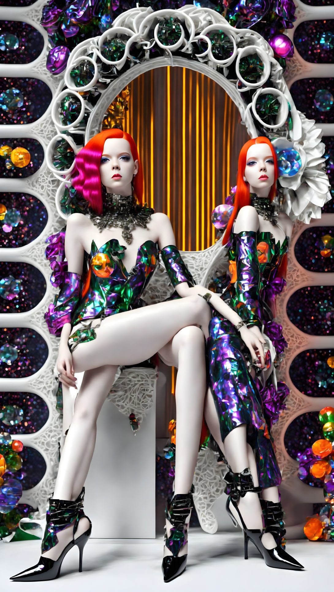 Vibrant red and pink-haired mannequin models in colorful outfits by ornate mirror