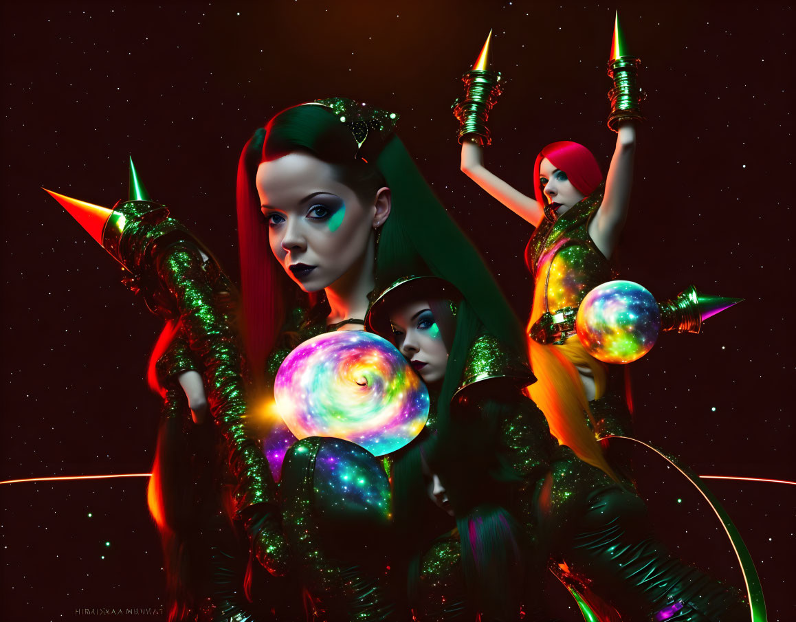 Futuristic digital artwork: Multiple female figures in green and black attire with cosmic backgrounds