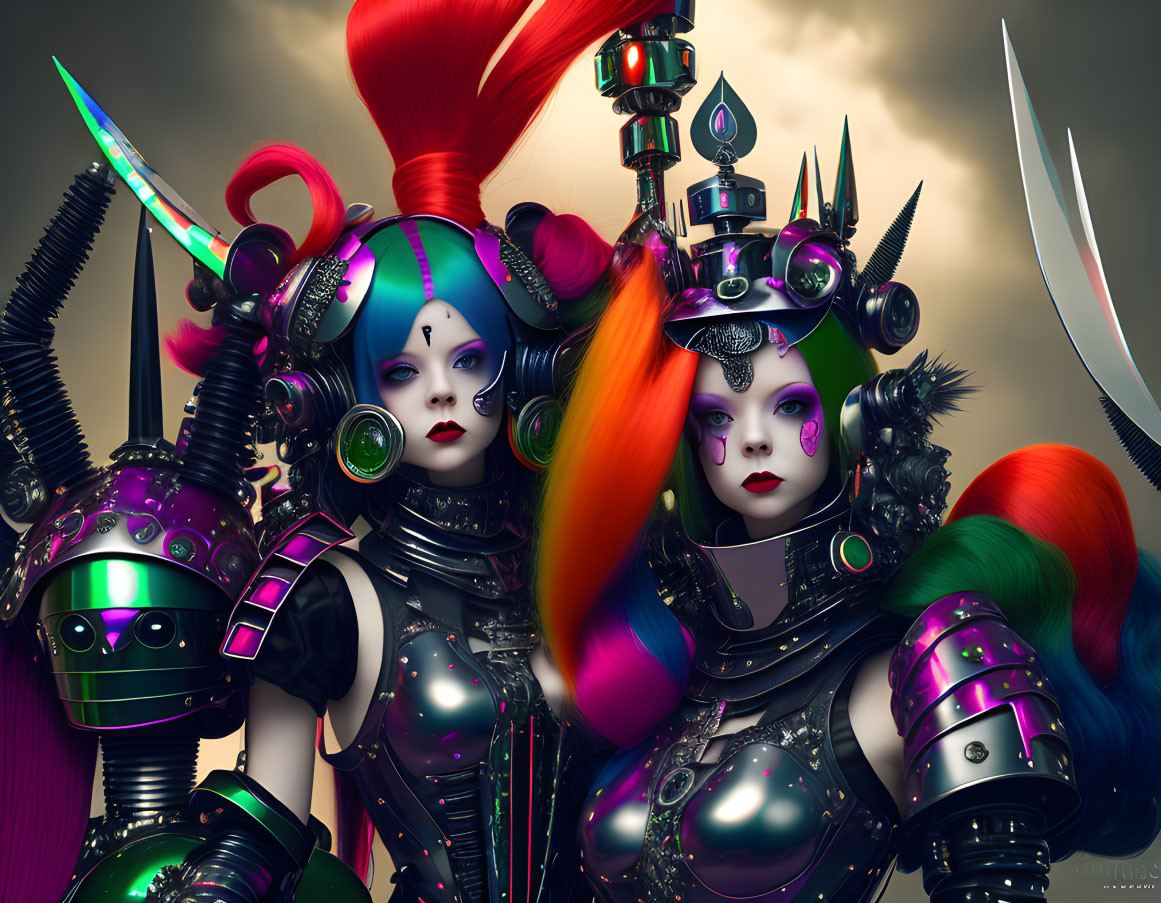 Colorful futuristic female warriors with vibrant hair under moody sky