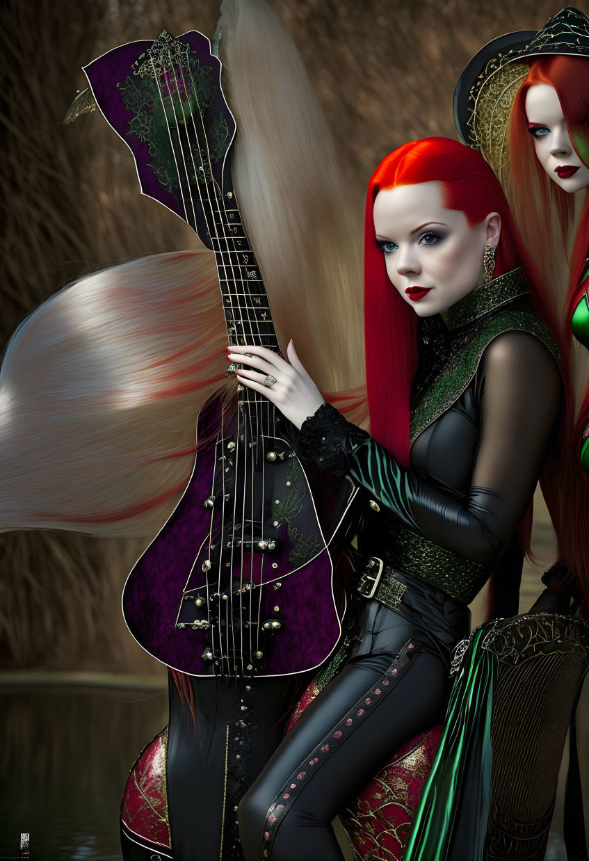 Digital artwork featuring two gothic women with red hair, dressed in black and green attire, one holding
