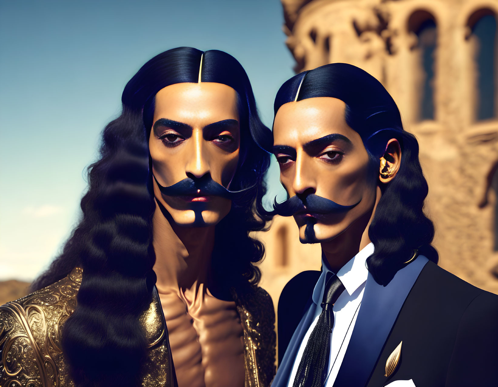 Stylized male figures with mustaches and sleek hairstyles in gold jacket and suit against architectural backdrop