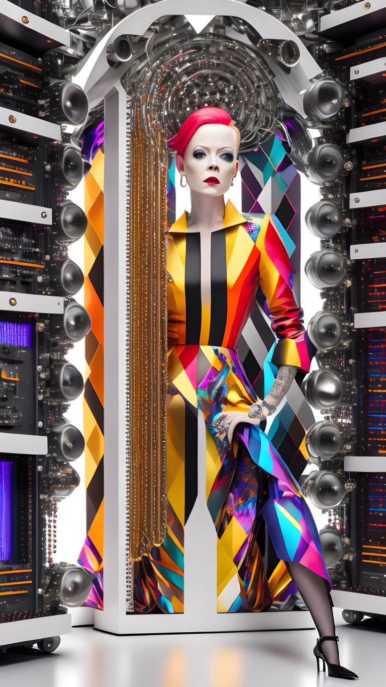 Pink-haired mannequin in colorful attire against futuristic server racks