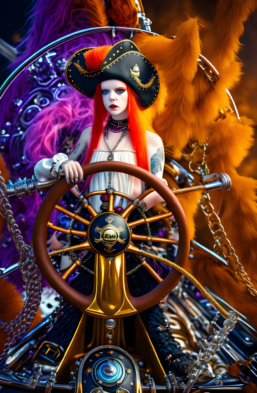 Colorful Pirate Character with Red Hair and Ship Wheel on Detailed Background