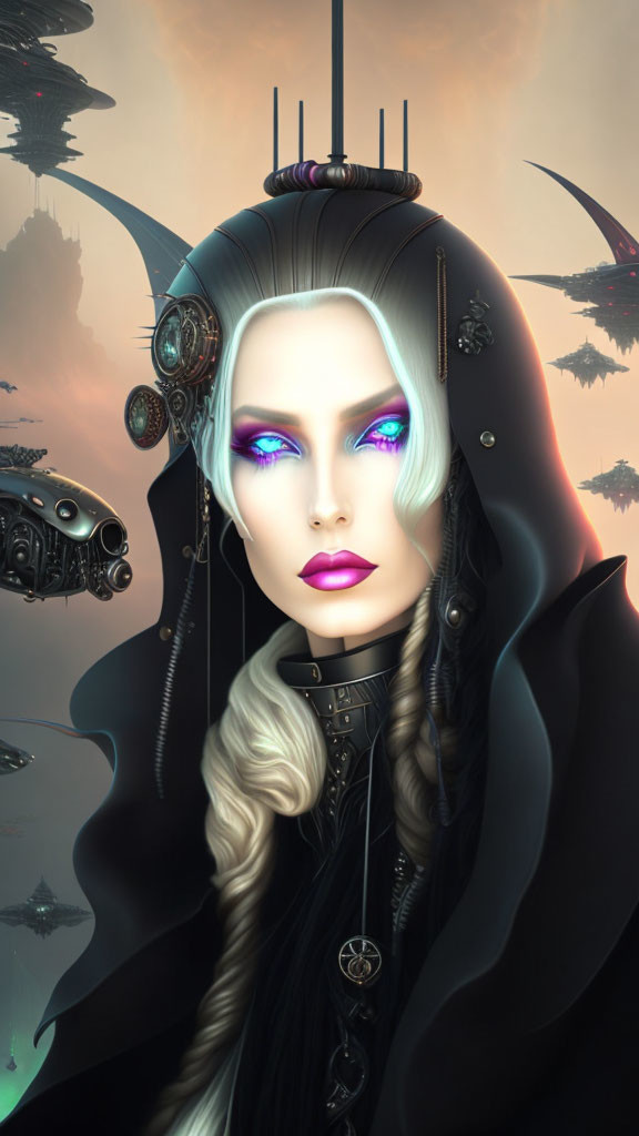 Futuristic woman with white hair and cybernetic implants in digital art portrait