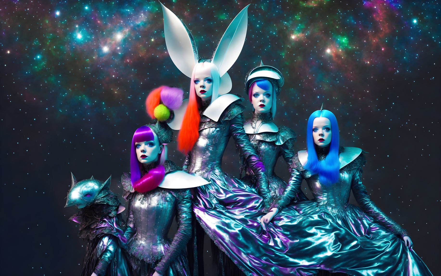 Four models in avant-garde costumes and futuristic hairstyles on a cosmic backdrop