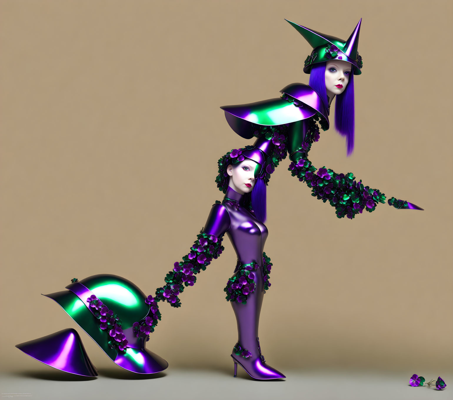 Futuristic female figures in metallic purple and green outfits with floral accents on tan background