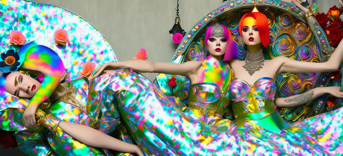Avant-garde makeup women in colorful dresses against psychedelic backdrop