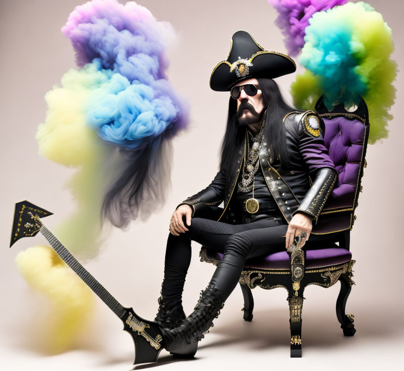 Extravagant pirate costume person with guitar in colorful smoke clouds