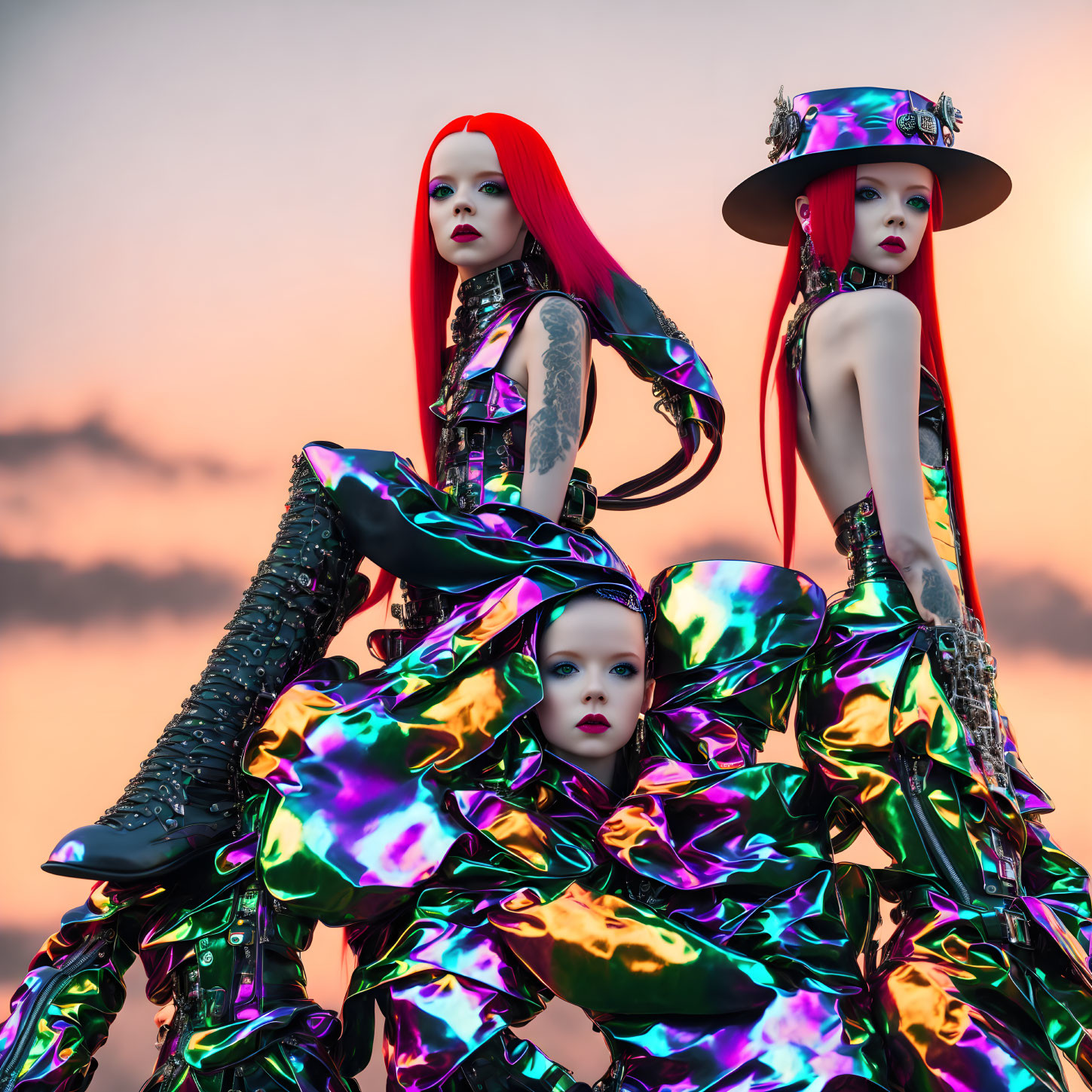 Three red-haired dolls in metallic outfits against orange sky.